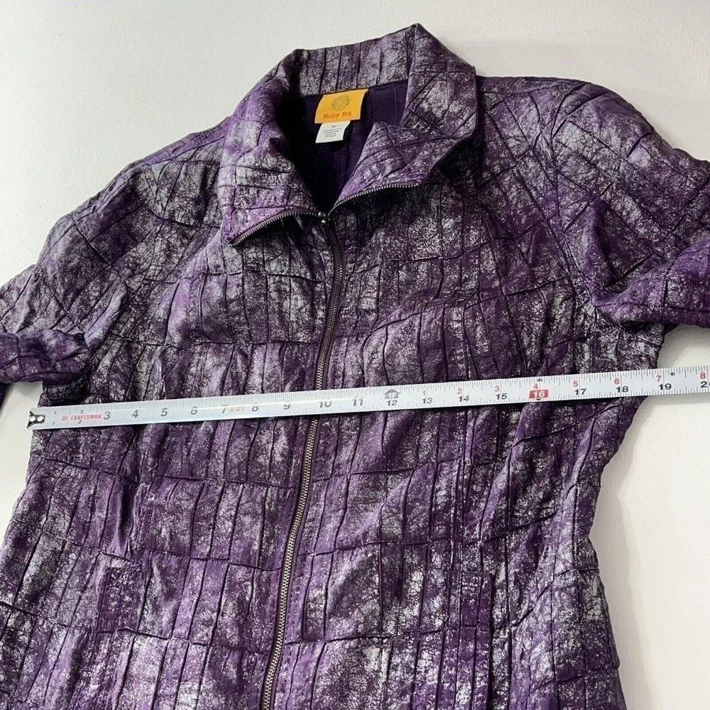 Ruby Rd. Womens Purple Metallic Crackle Quilted Zip Up Jacket Size 10 - Picture 3 of 9